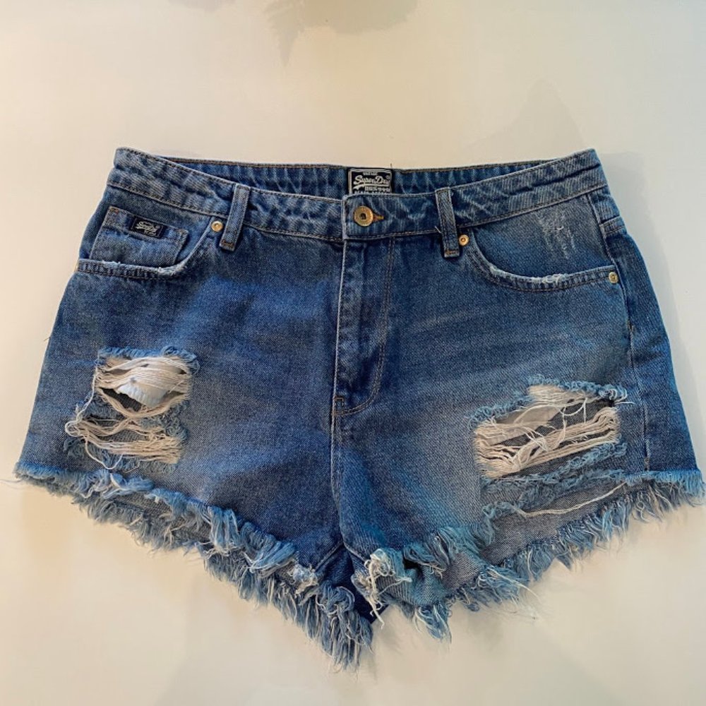 Superdry Ripped Cutoff Blue Denim Jean Shorts